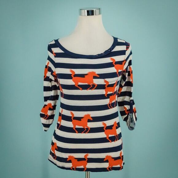 Postmark Anthroplogie Size XS Banter Horse Stripe Print Crew 3/4 Sleeve Top - Picture 1 of 6